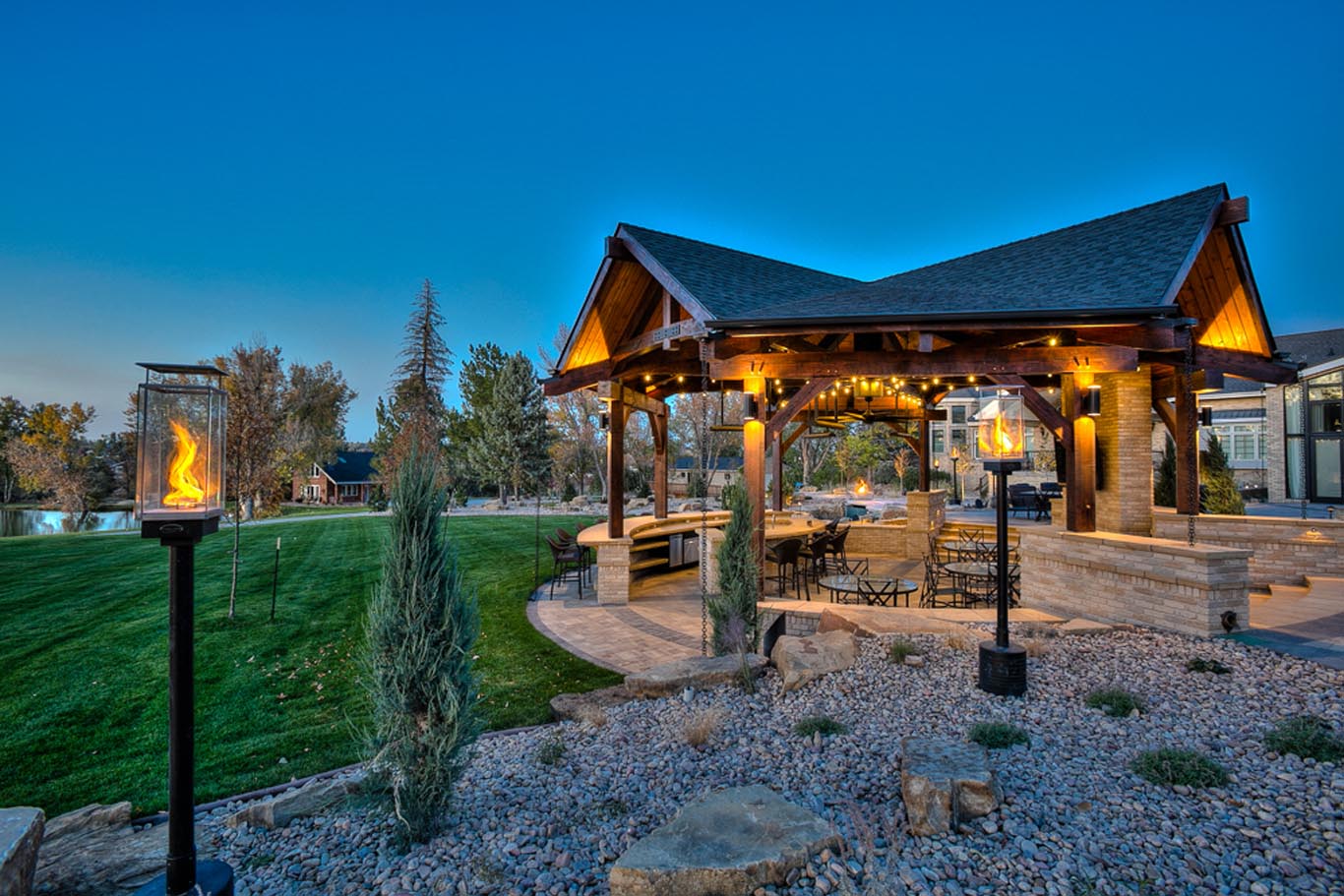 custom timber framed pavilion at night