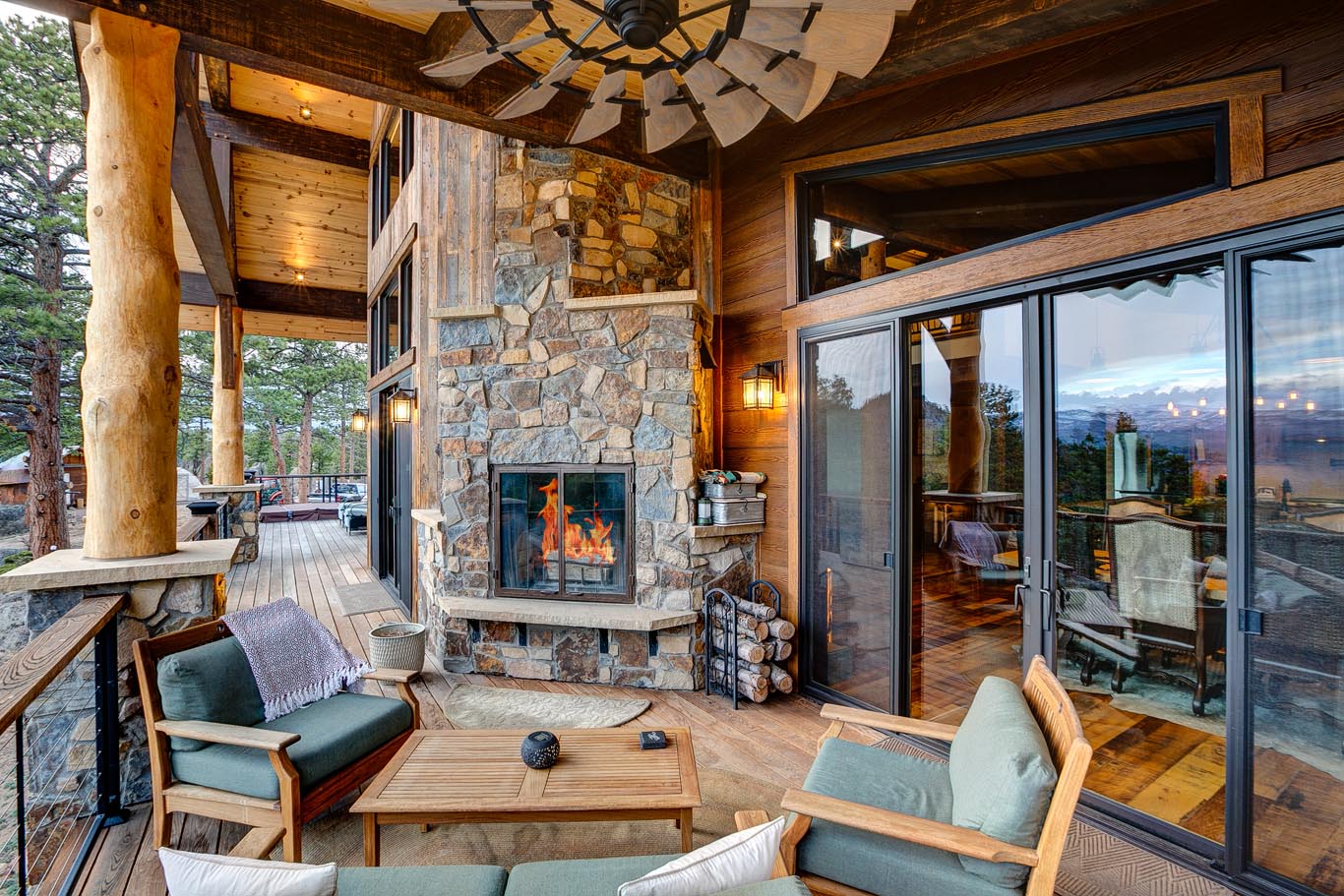 Outdoor seating area with fireplace
