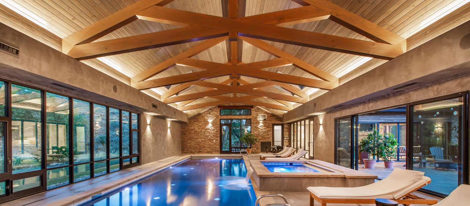 timber framed ceiling of poolhouse